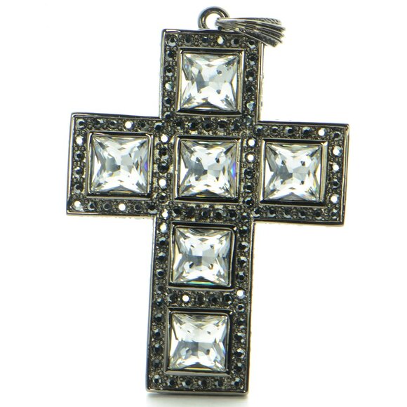 Vintage Kenneth Jay Lane KJL LARGE Gunmetal Crystal Cross Pendant